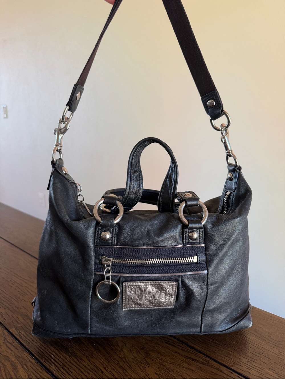 Coach Poppy Y2K Black Distressed Boston Satchel Double One-Shoulder Bag‎ Silver